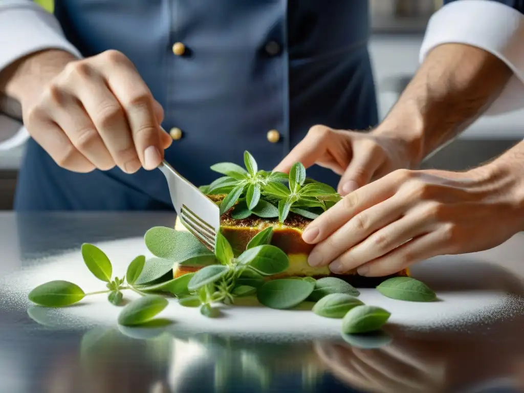 Un chef repostero francés añade mejorana fresca a un postre delicado en un estudio de cocina moderno y elegante