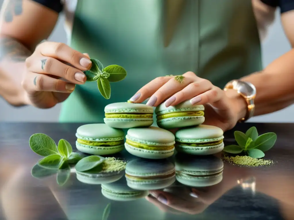 Un chef repostero francés esparciendo frescas hojas de mejorana sobre macarons, en una cocina rústica y moderna