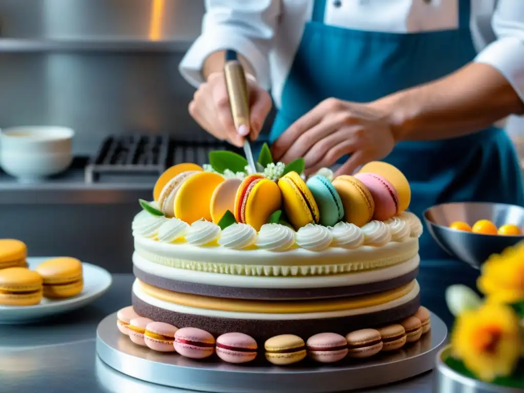 Un chef repostero habilidoso decora un exquisito pastel multicapa con precisión y arte en una pastelería francesa innovadora