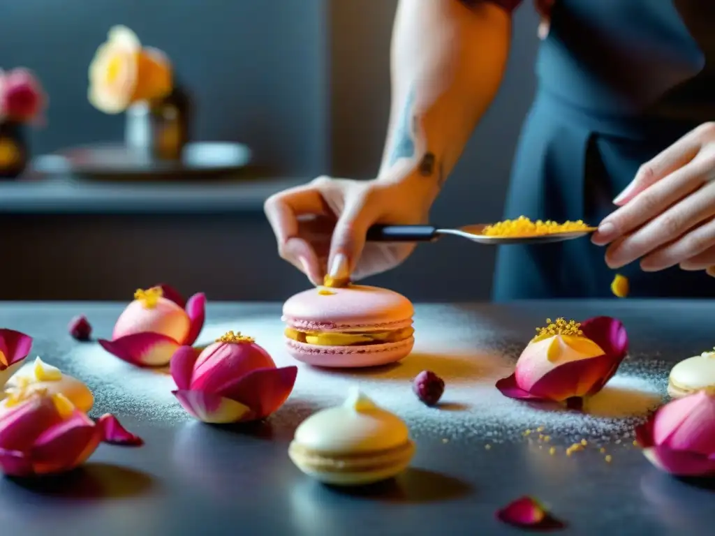 Un chef repostero francés espolvorea pétalos de rosa en un macaron de agua de rosas, fusionando perfumes en gastronomía francesa