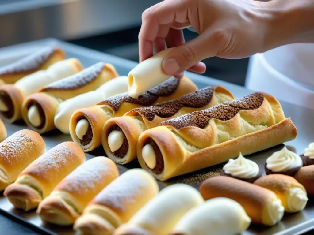 Un chef repostero francés influyendo en postres italianos al rellenar cannoli con tiramisú, detallando la fusión culinaria