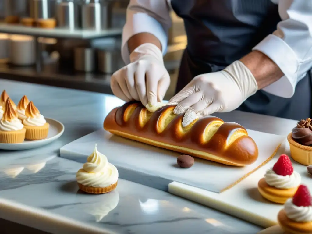 Un chef repostero profesional decora éclairs con crema Chantilly usando una manga pastelera