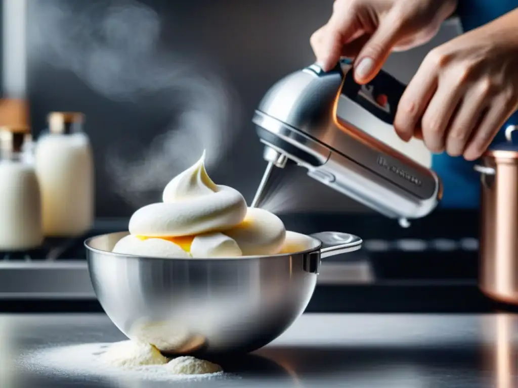 Un chef repostero profesional utiliza la mejor batidora para crear una merengue francés perfecto, en una cocina moderna y luminosa