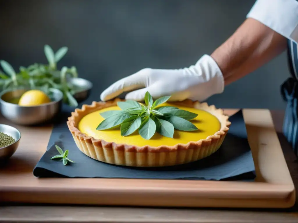 Un chef repostero francés coloca con precisión ramitas frescas de mejorana en una tarta de limón