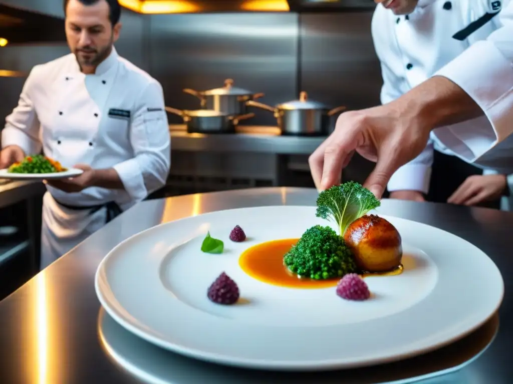 Chef en restaurante estrella Michelin en Francia plateando con precisión un sofisticado plato