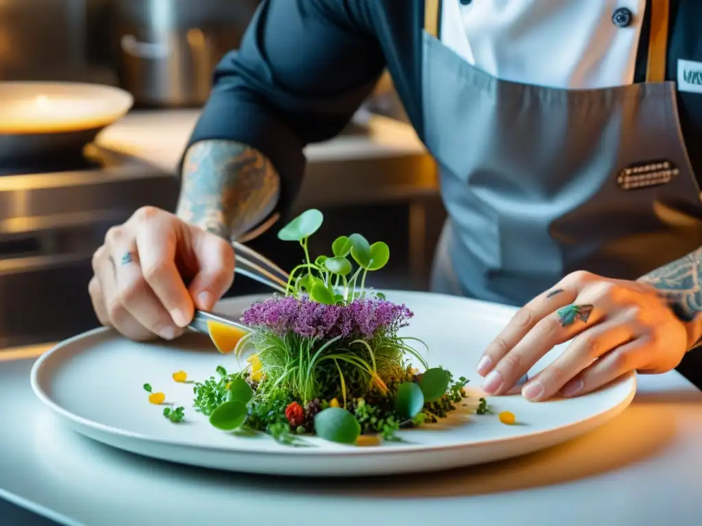 Un chef de restaurante con estrella Michelin crea un plato delicado