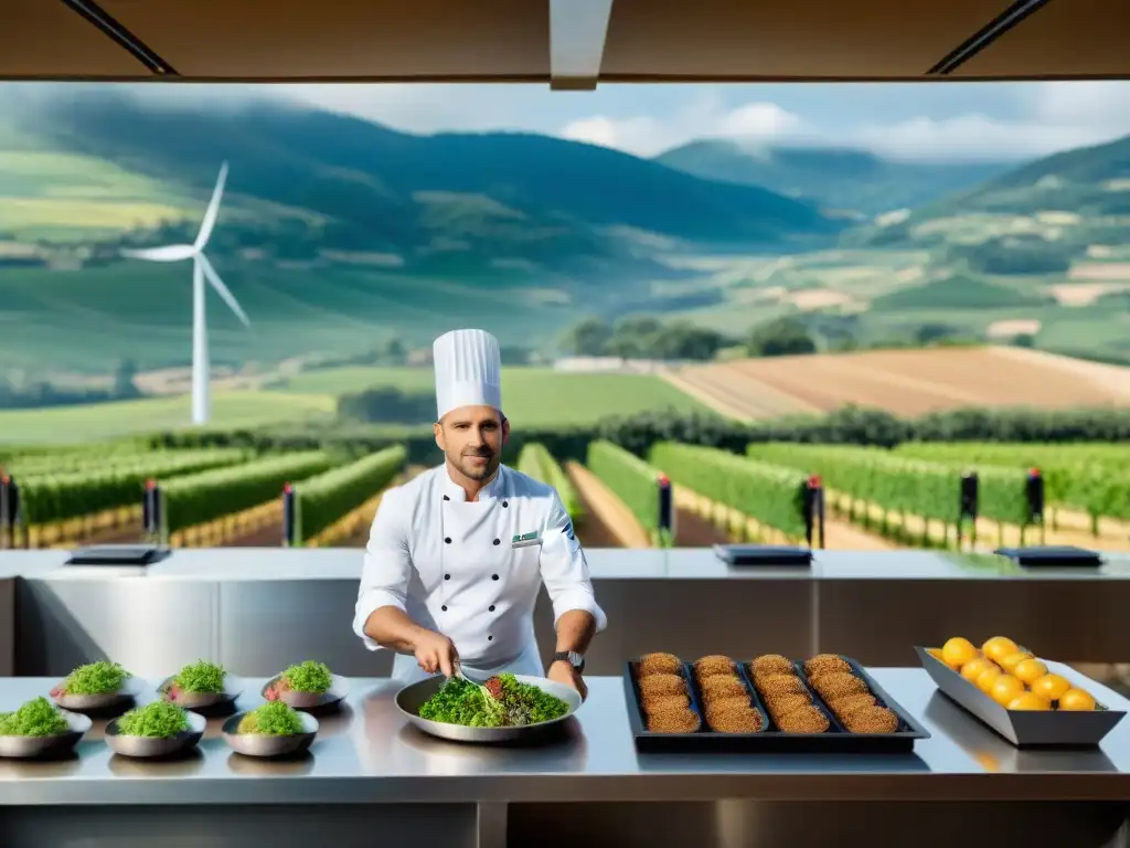 Chef en restaurante francés de Estrella Michelin promoviendo la sostenibilidad, con cocina y paisaje ecológicos