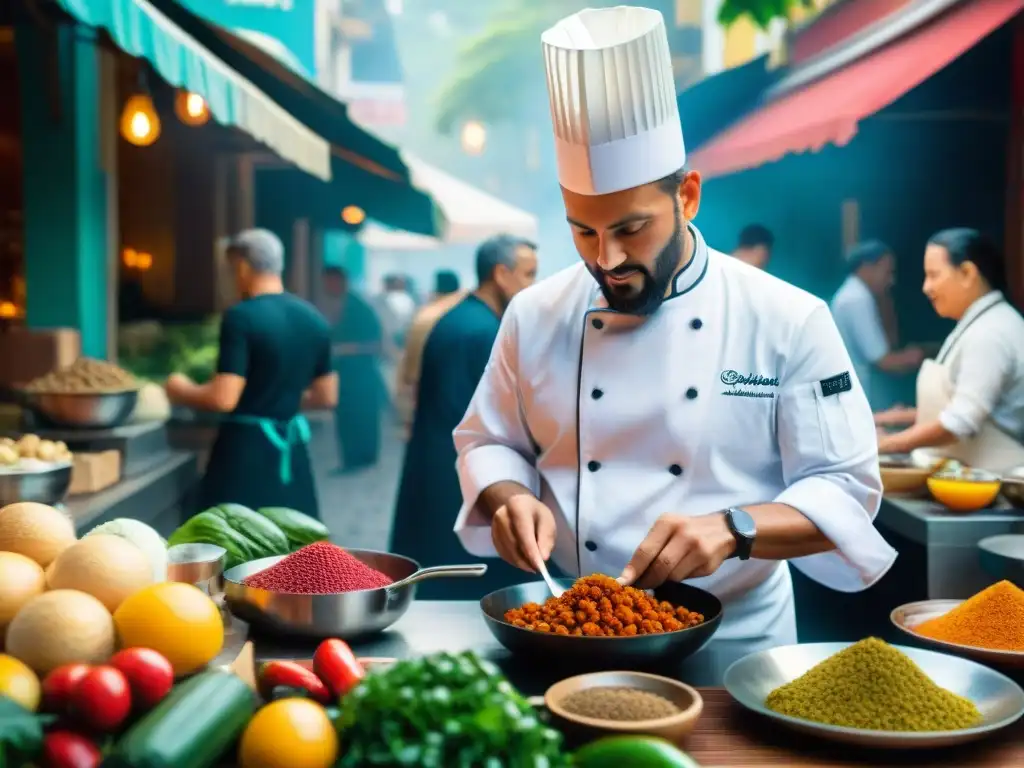 Un chef reuniones experto preparando fusión gastronómica francesa innovadora en mercado animado