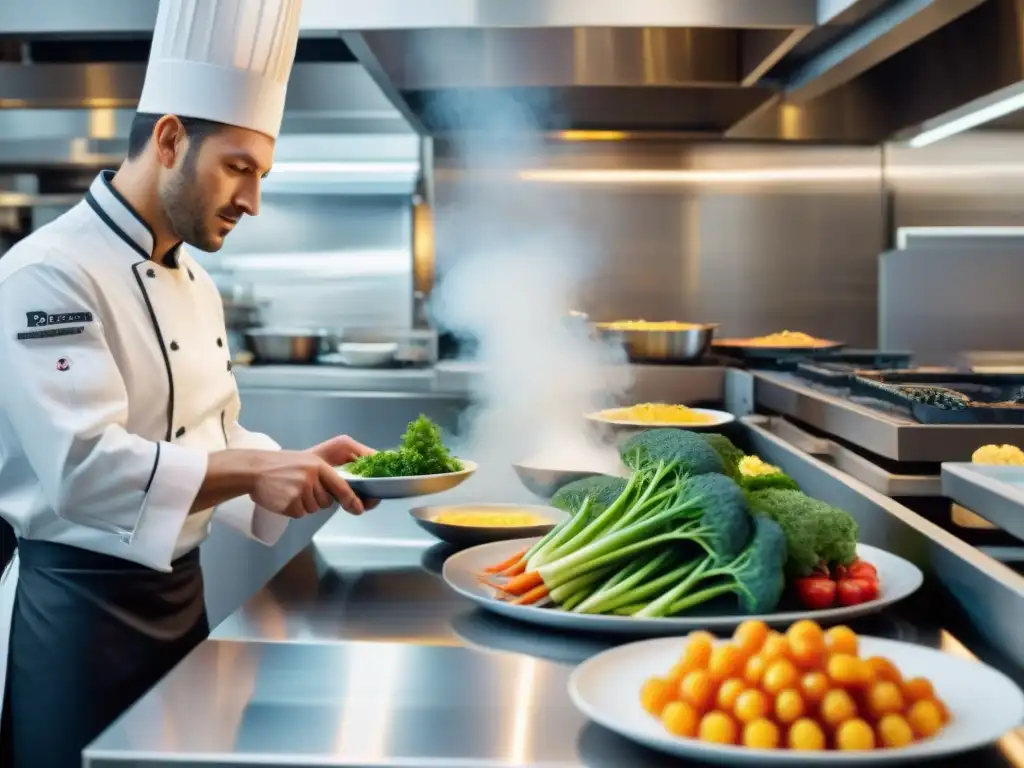 Un chef robótico y un chef francés trabajan juntos en una cocina francesa, fusionando platos tradicionales con tecnología innovadora