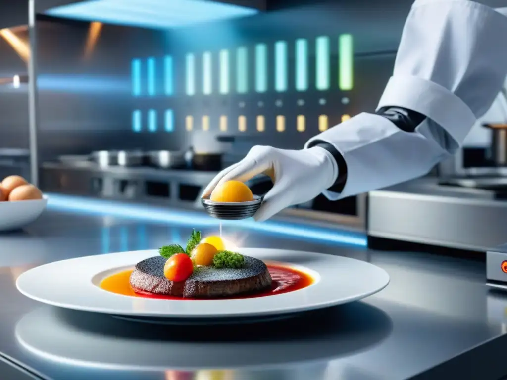 Un chef robótico futurista con IA preparando un innovador plato francés en un laboratorio de cocina de vanguardia