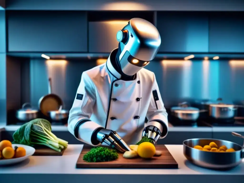 Un chef robótico de vanguardia preparando un plato francés en una cocina moderna