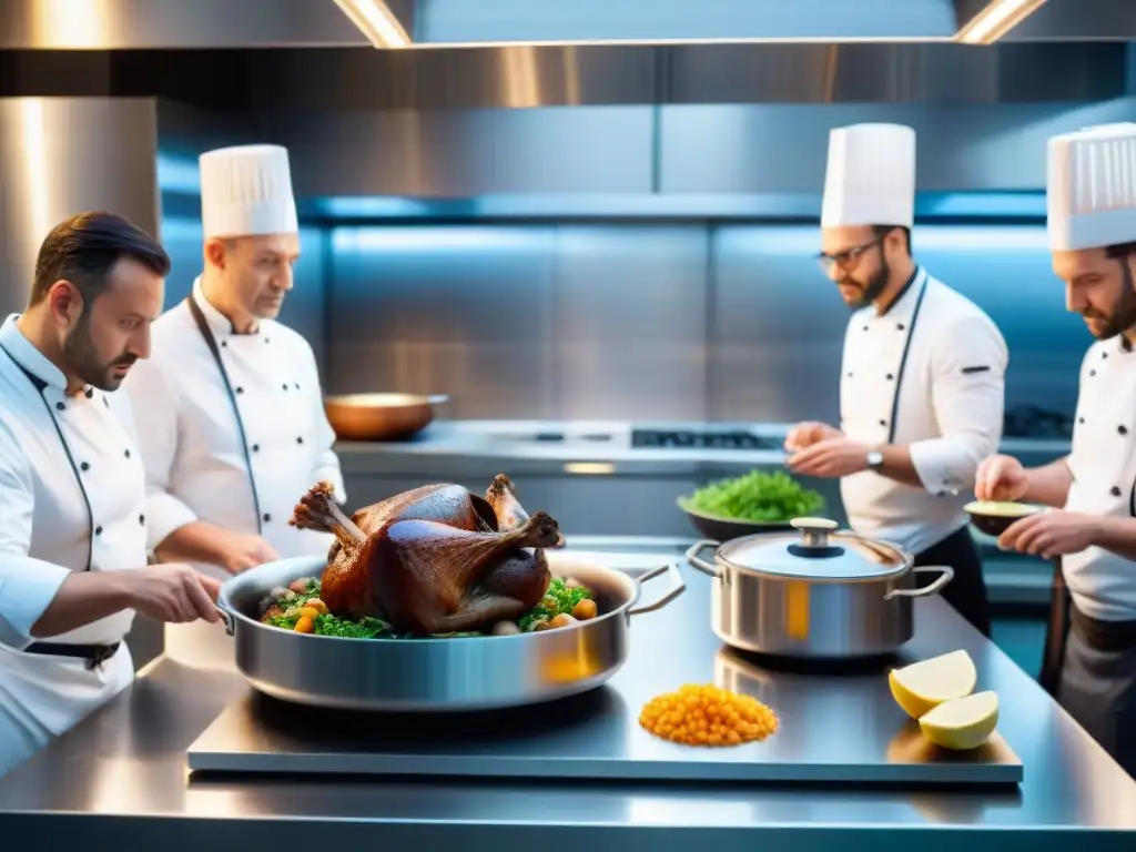 Un chef robótico vanguardista prepara Coq au Vin en una cocina moderna, rodeado de científicos y chefs