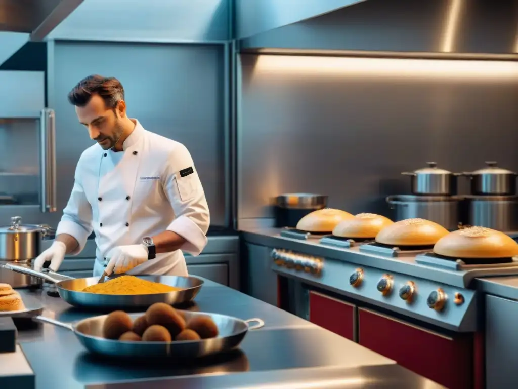 Un chef francés supervisa robots de cocina en un entorno tradicional, creando recetas francesas