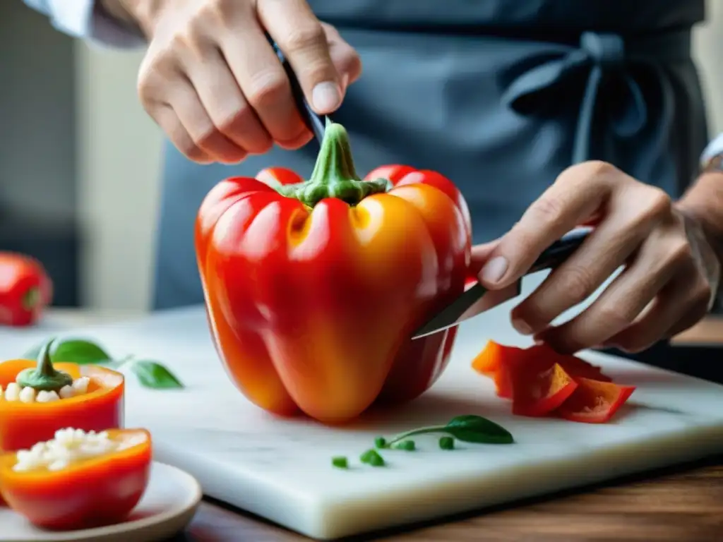 Un chef hábil talla una rosa detallada en un pimiento rojo vibrante, mostrando técnicas avanzadas de tallado de vegetales