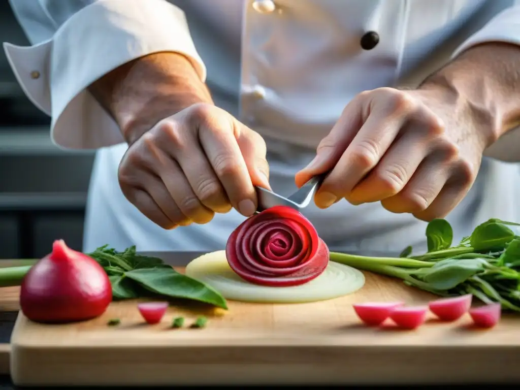 Un chef francés hábil tallando una rosa en un rábano rojo, mostrando las técnicas de tallado de alimentos del chef