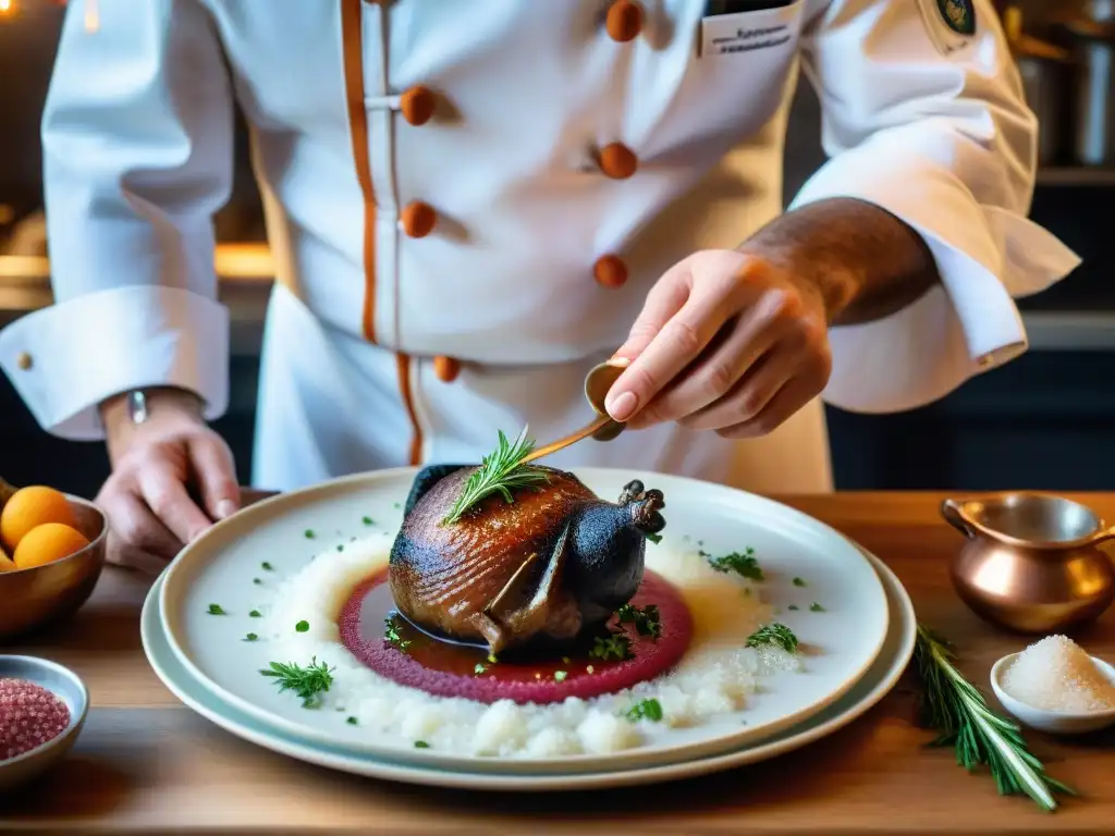 Un chef francés añade sales aromatizadas a un exquisito Coq au Vin, reflejando la elegancia de la gastronomía francesa