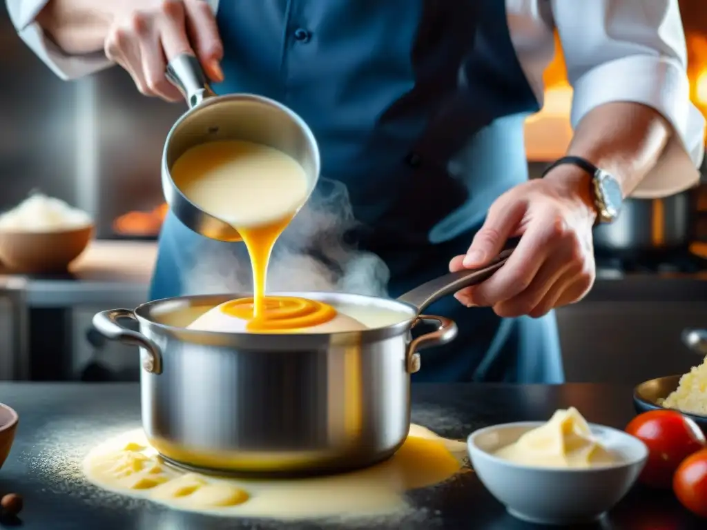 Chef experto prepara béchamel: arte culinario en acción Chef preparando una salsa bechamel con precisión, representando el arte de las salsas madre en la gastronomía francesa