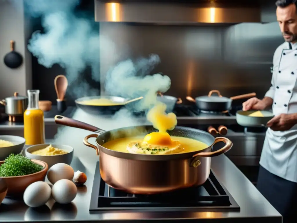 Un chef francés prepara una salsa Bearnesa en una cocina francesa tradicional