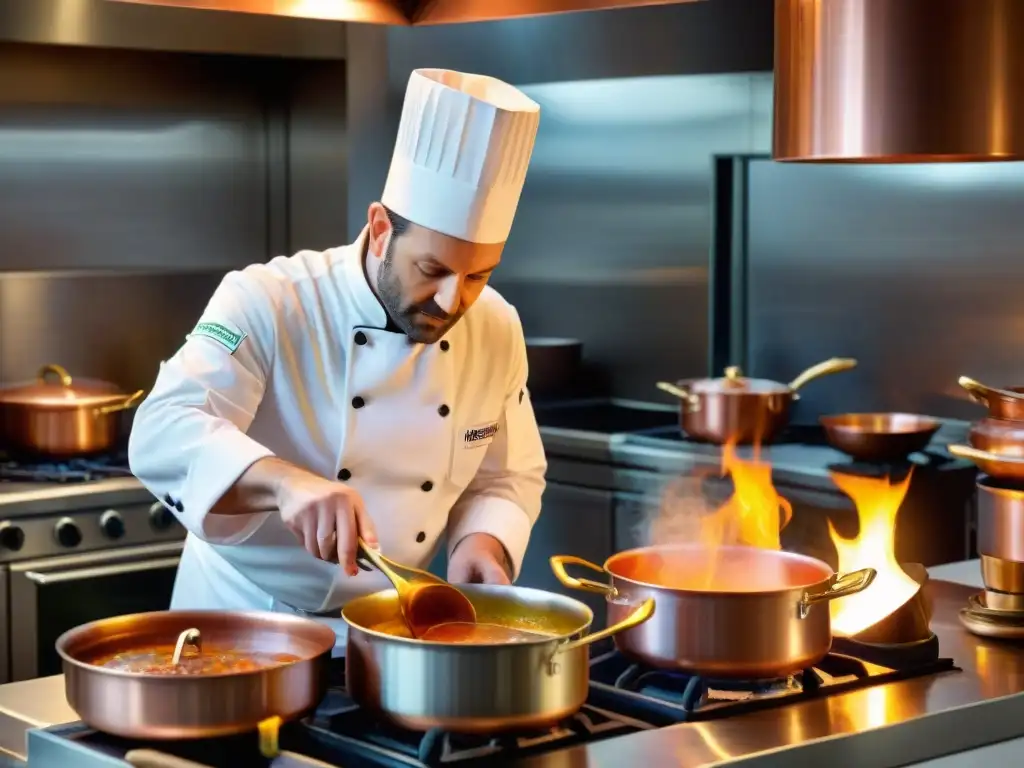 Un chef francés prepara una salsa clásica con precisión en una cocina tradicional