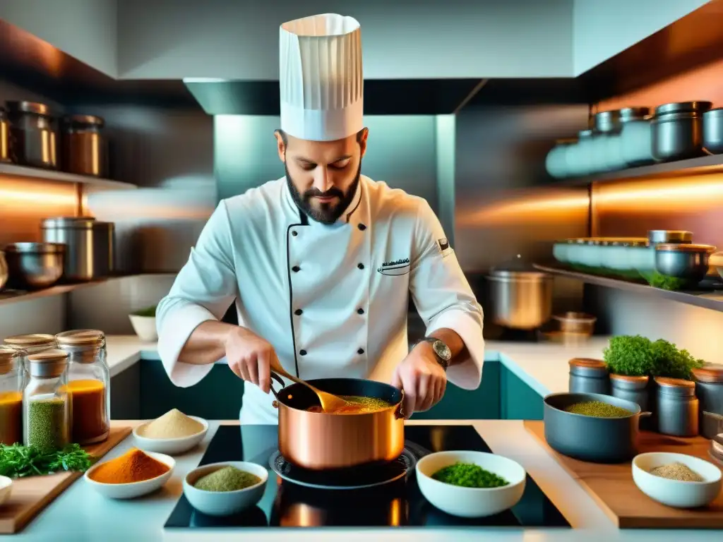 Un chef francés prepara una salsa clásica en una cocina tradicional