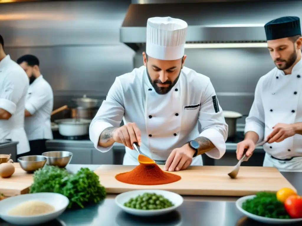 Un chef francés prepara una salsa en una cocina bulliciosa con toques culinarios globales