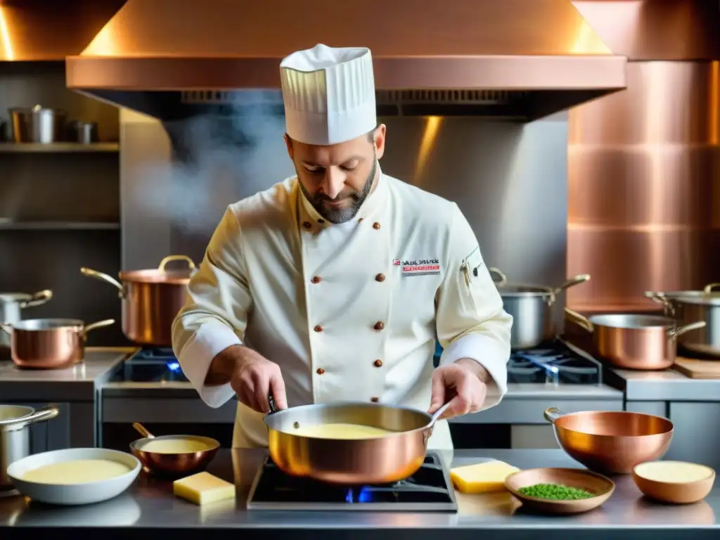 Un chef francés prepara una salsa Beurre Blanc en una cocina tradicional