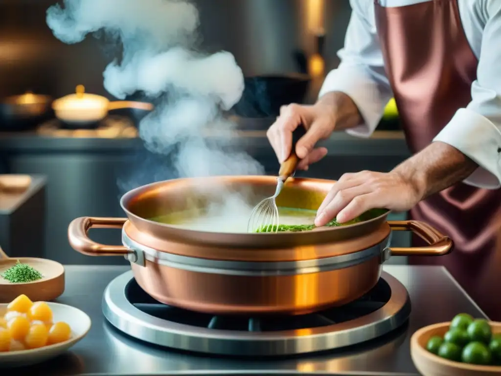 Un chef francés hábil preparando una salsa delicada en una cacerola de cobre, representando técnicas culinarias francesas innovadoras