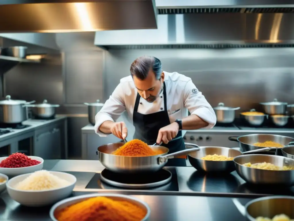 Un chef francés crea una salsa delicada con precisión y gracia en una cocina bulliciosa y llena de vapor