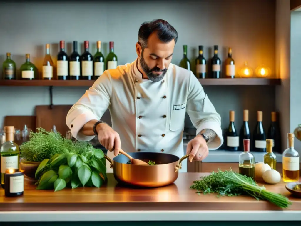 Un chef prepara salsa francesa en cocina tradicional con maridaje vinos