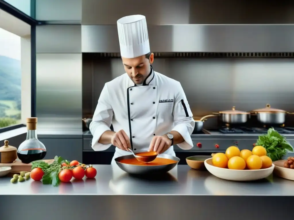 Un chef preparando una salsa francesa en una cocina moderna, ideal para maridaje vinos con salsas francesas