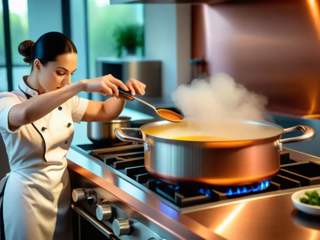 Chef experto preparando salsa clásica francesa en cocina moderna Un chef preparando una salsa madre francesa en una cocina moderna y elegante