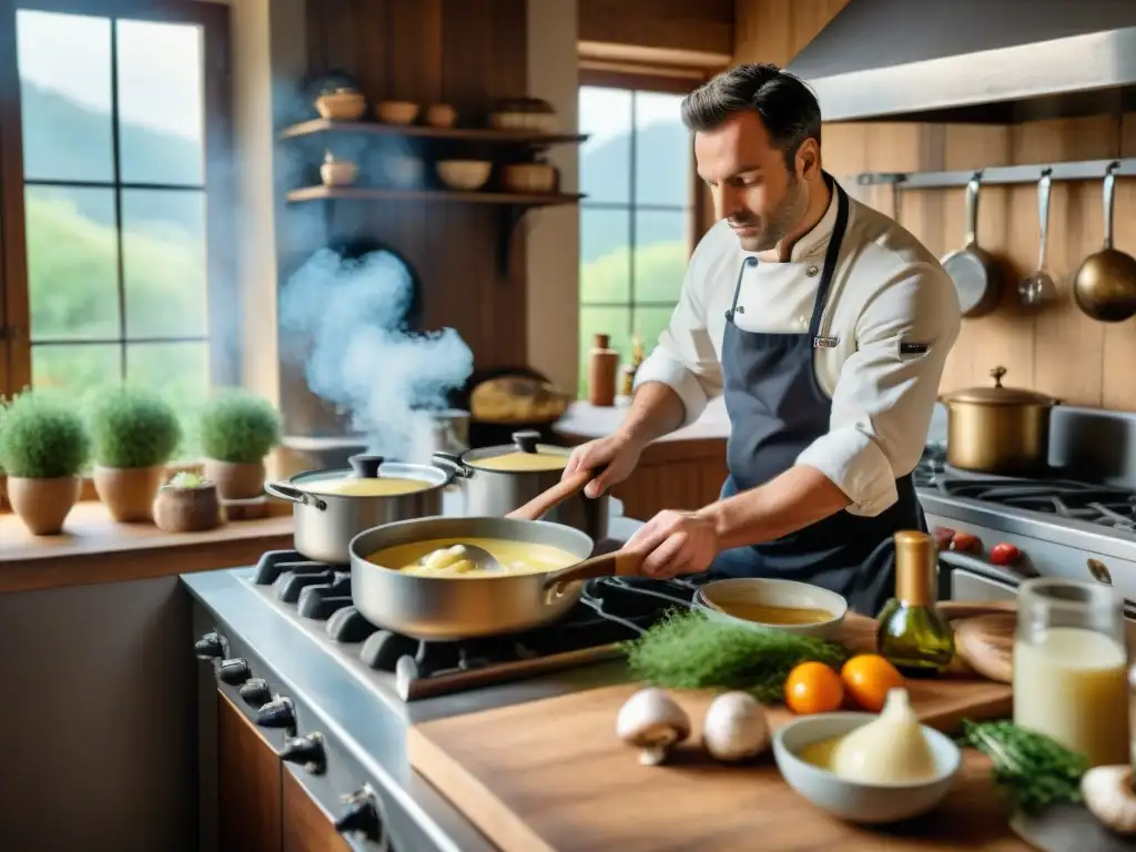 Un chef prepara salsas francesas tradicionales en una cocina rústica con ingredientes frescos