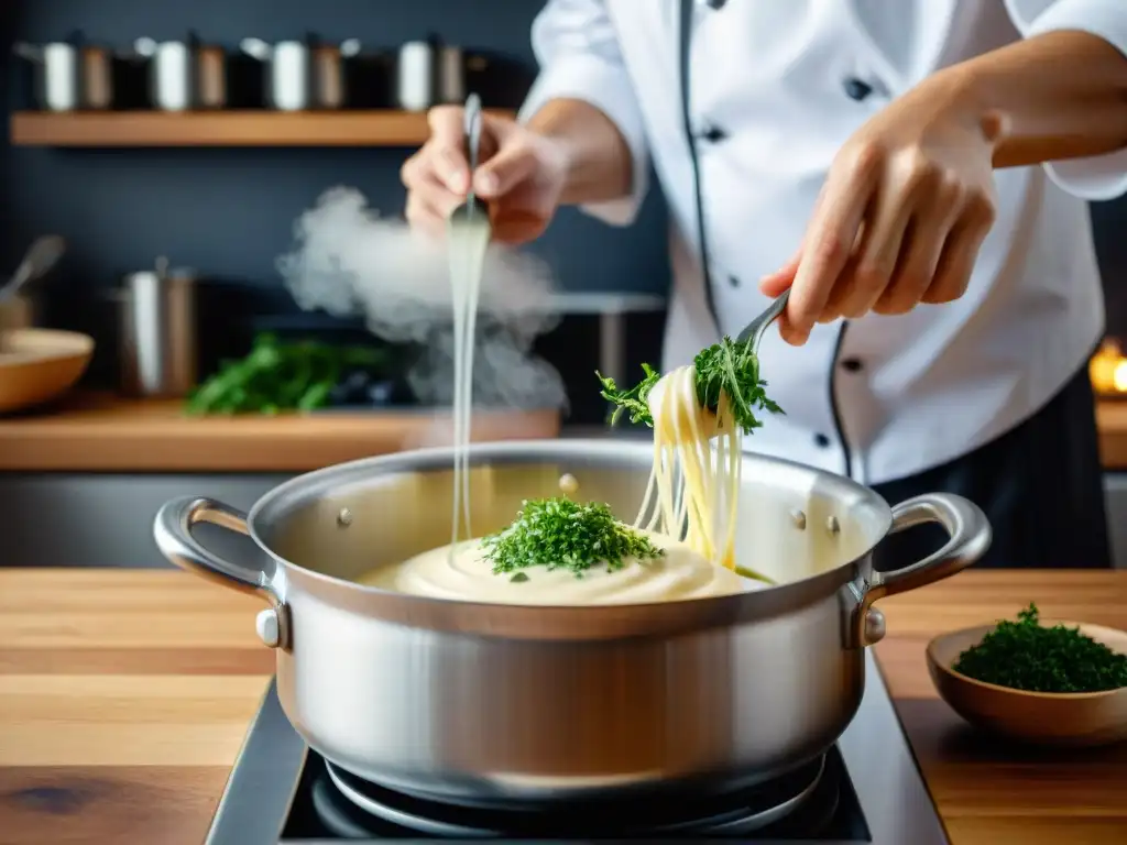 Un chef elabora salsas francesas veganas caseras, mezclando ingredientes con destreza en una cocina iluminada