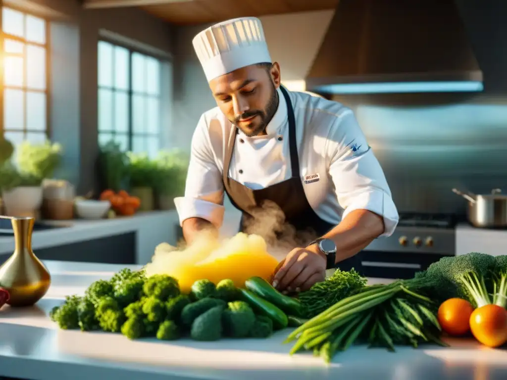 Un chef elabora salsas francesas veganas caseras en cocina moderna con ingredientes frescos y especias