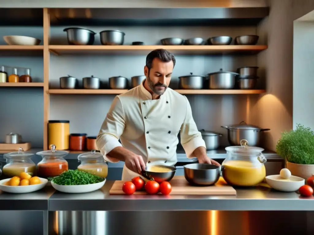 Chef experto prepara las cinco salsas madre francesas en cocina tradicional Un chef prepara las Salsas madre de la gastronomía francesa en una cocina tradicional llena de ingredientes frescos y utensilios de cocina
