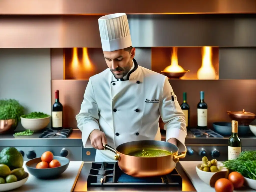 Un chef francés prepara salsas tradicionales en una cocina clásica, rodeado de ingredientes frescos y vinos finos