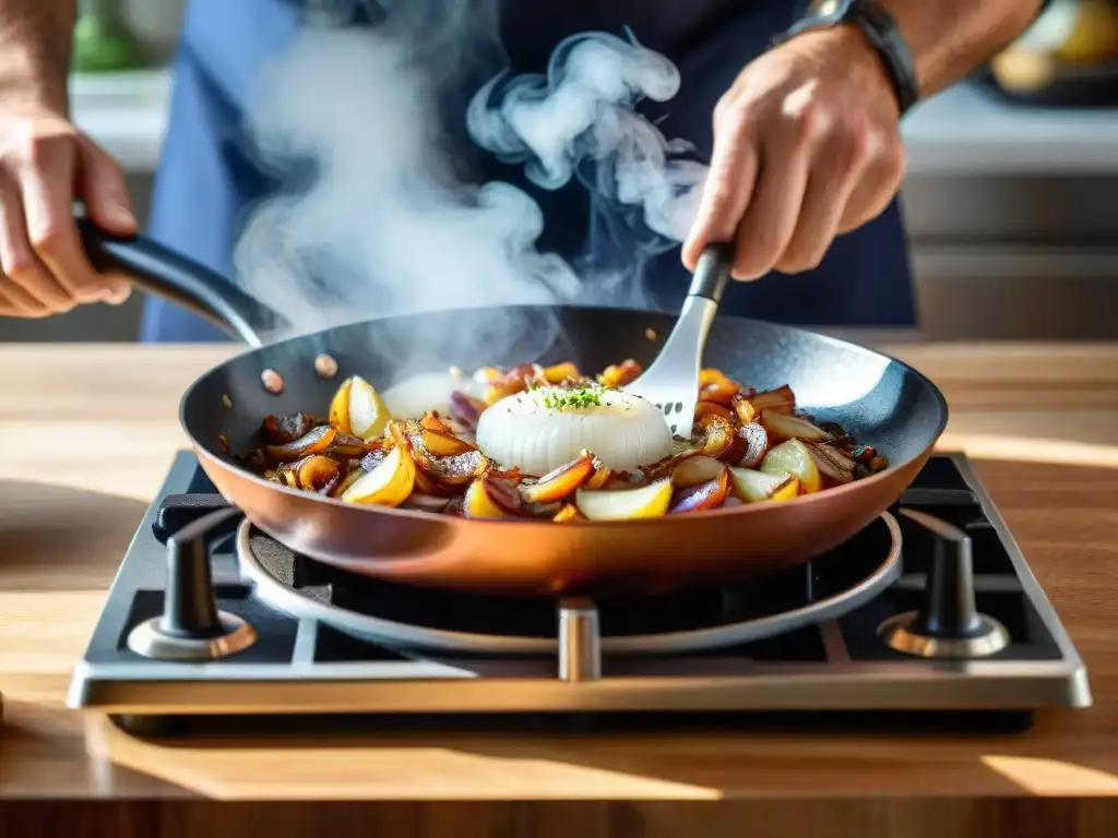 Un chef francés cocina cebolla en sartén de cobre, comparando con sartén de hierro