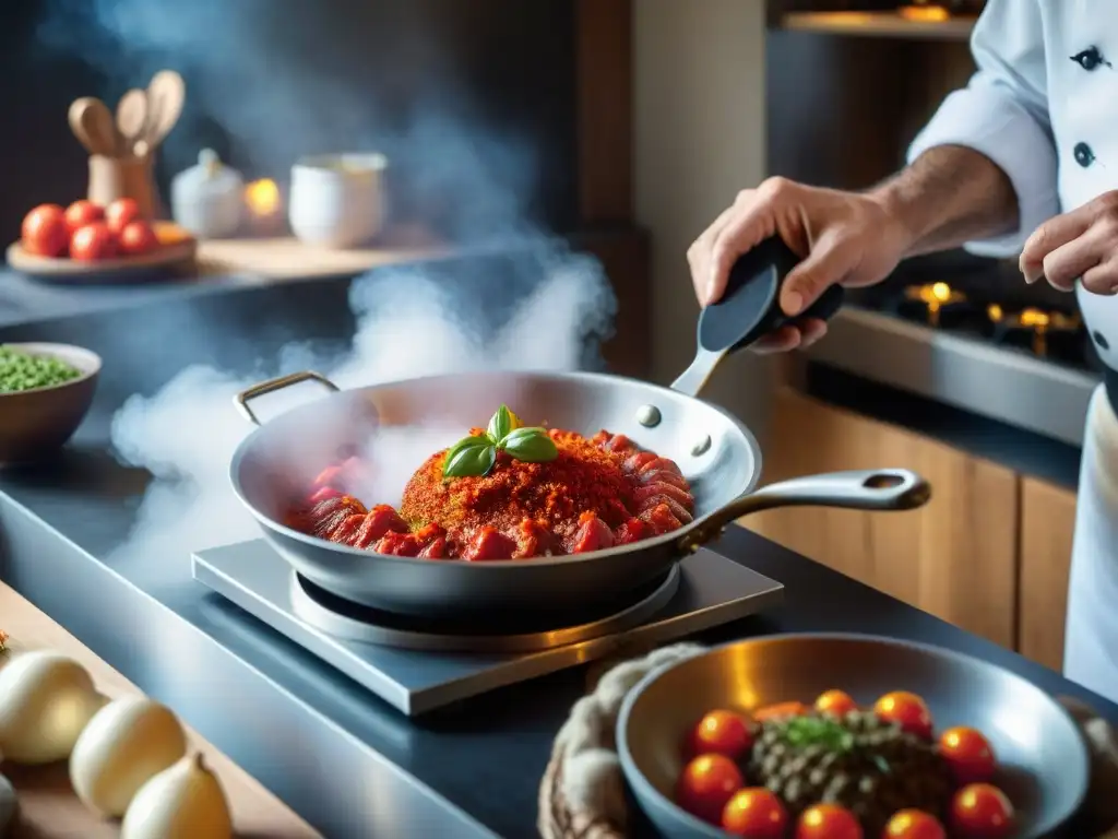 Un chef esparciendo Pimienta de Espelette en una sartén de Piperade, fusionando la cocina vascofrancesa