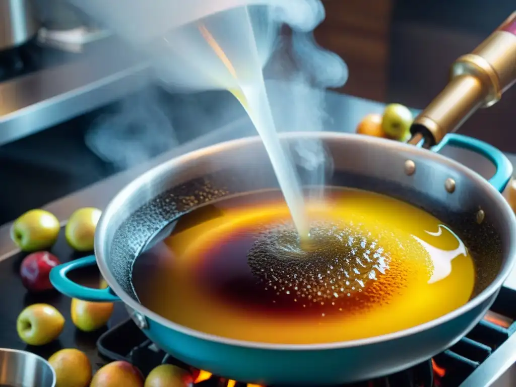 Un chef vierte sidra dorada en un sartén con ingredientes frescos, creando una escena vibrante