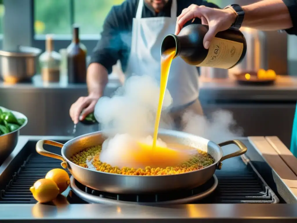 Un chef francés vierte sidra dorada en una sartén burbujeante con ingredientes frescos