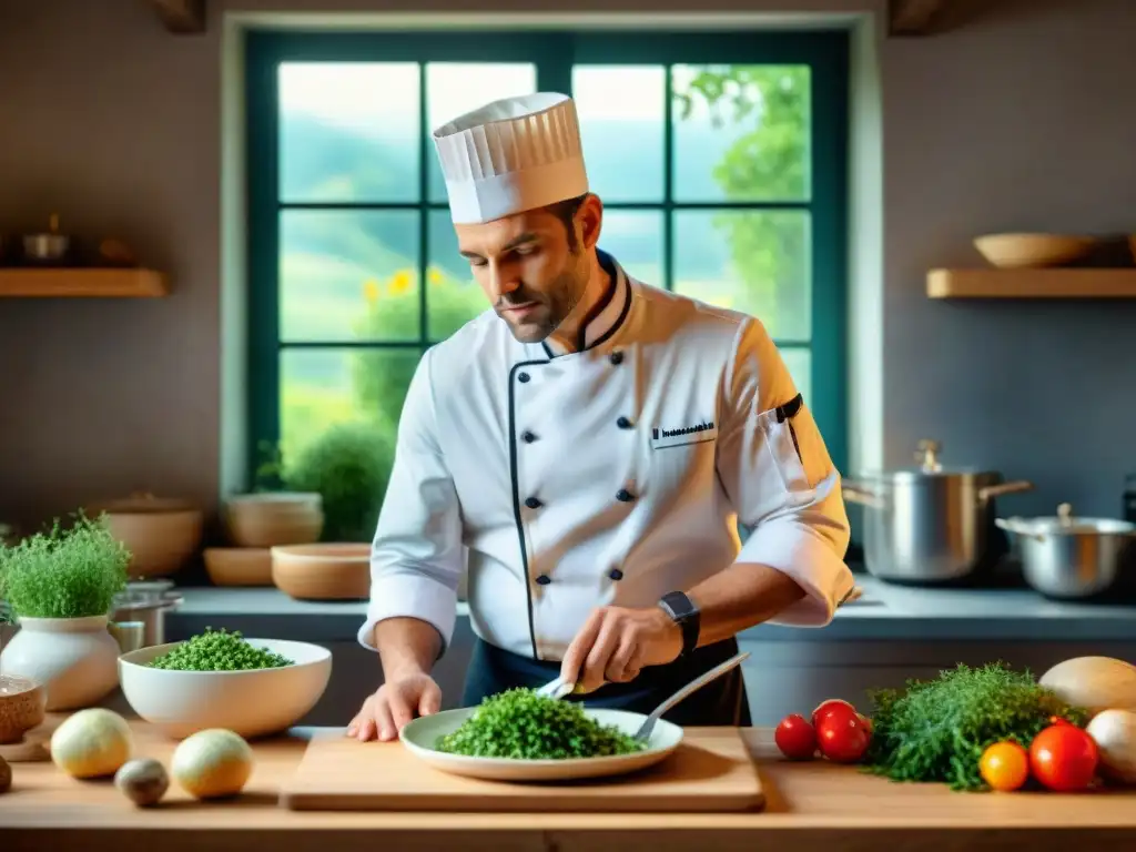 Un chef francés transforma sobras en plato gourmet en cocina tradicional, con utensilios rústicos y hierbas frescas