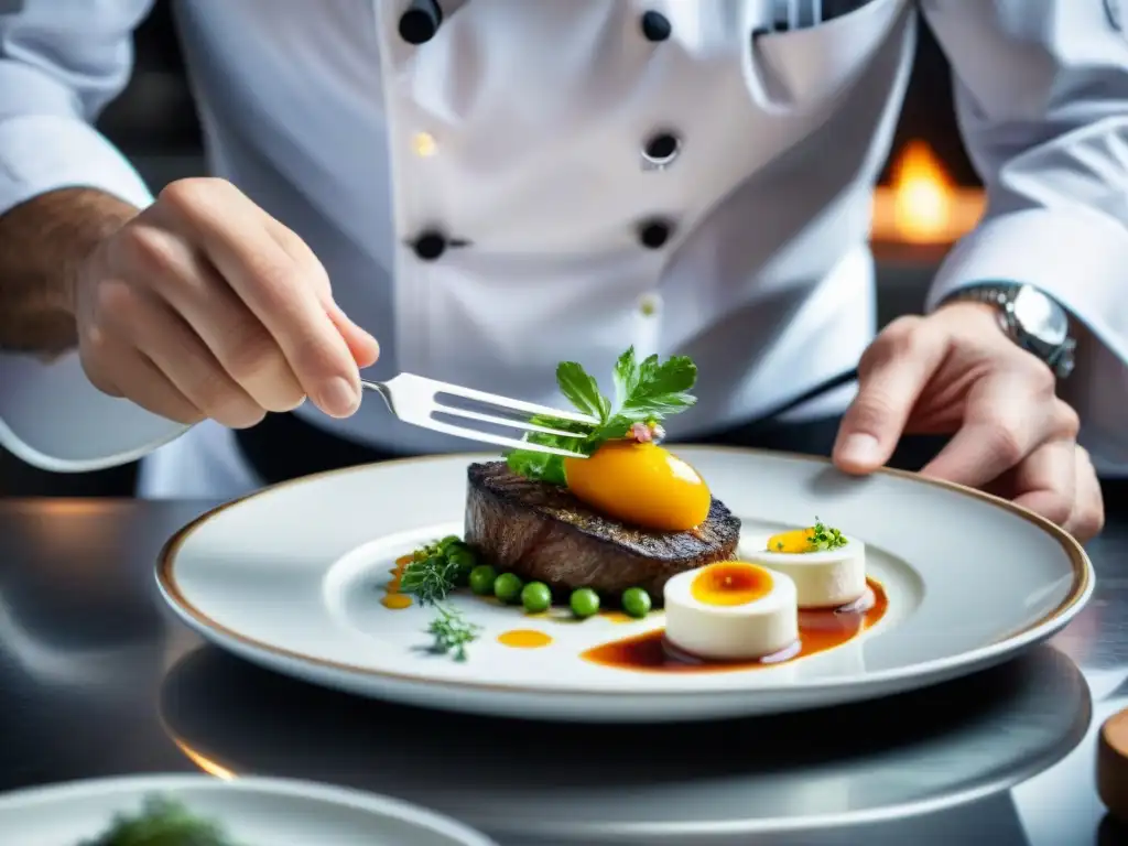 Un chef francés cuidadosamente prepara una sofisticada presentación en la cocina de un restaurante con estrella Michelin