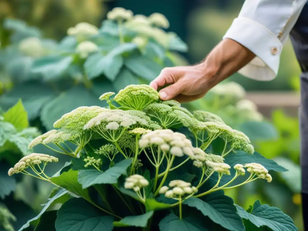 Un chef cosechando angélica en un jardín francés soleado