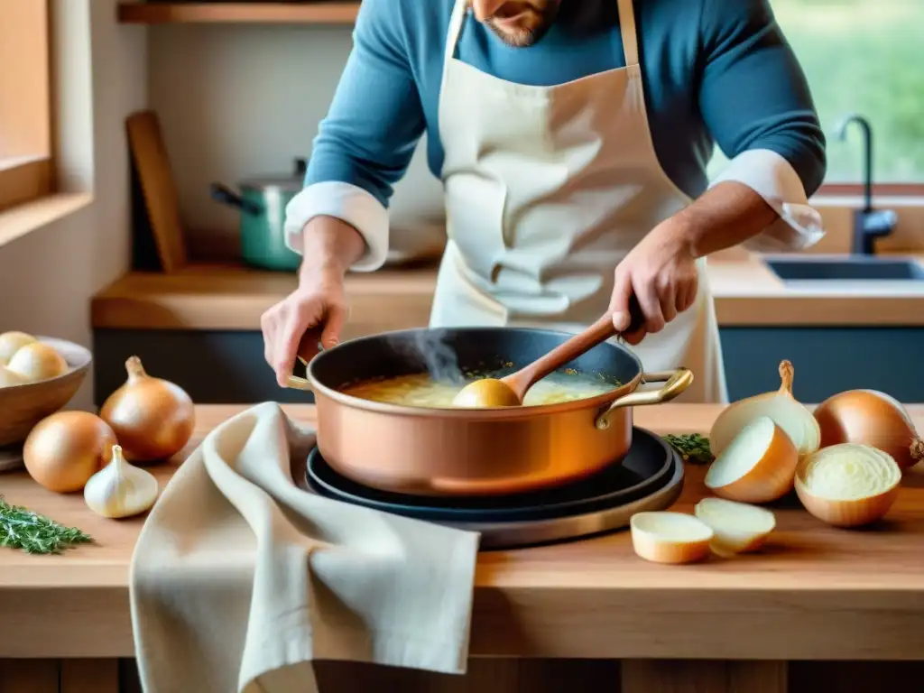 Un chef prepara sopa de cebolla francesa vegetariana en una cocina rústica