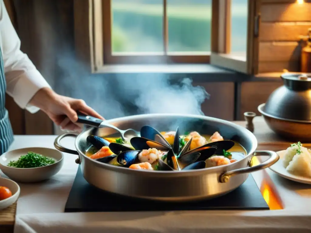 El chef prepara una sopa de pescado bretona, cortando pescado, mejillones y camarones frescos en una cocina tradicional francesa