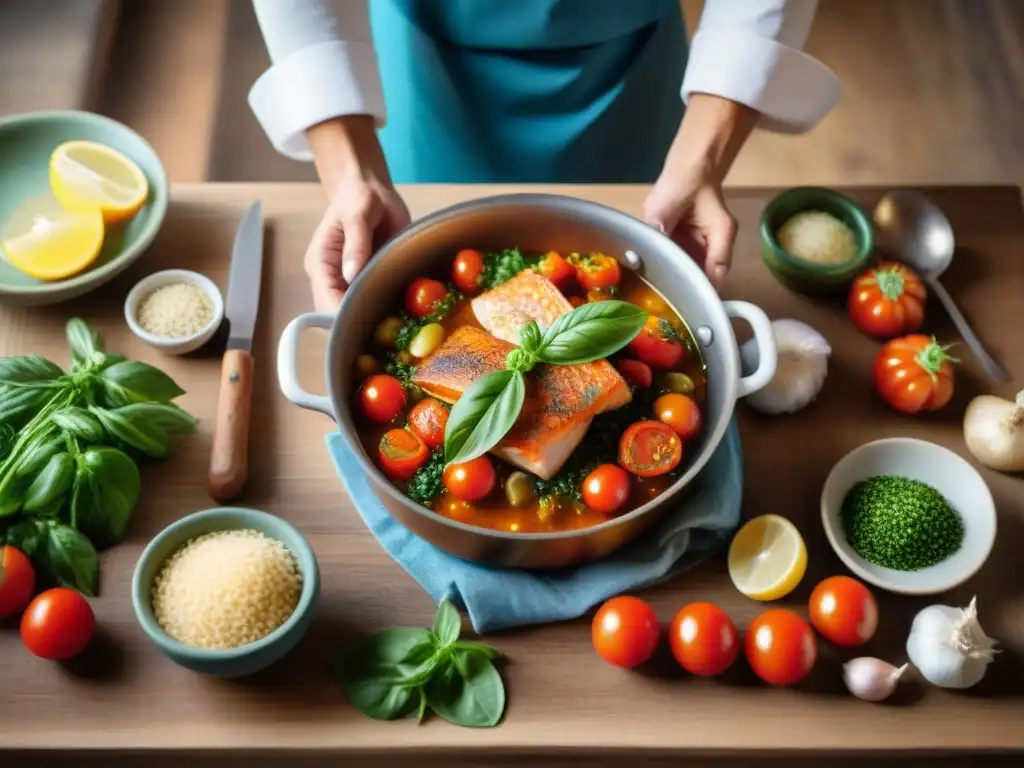 Un chef prepara una Sopa de Pescado Provenzal en una cocina mediterránea tradicional con ingredientes frescos