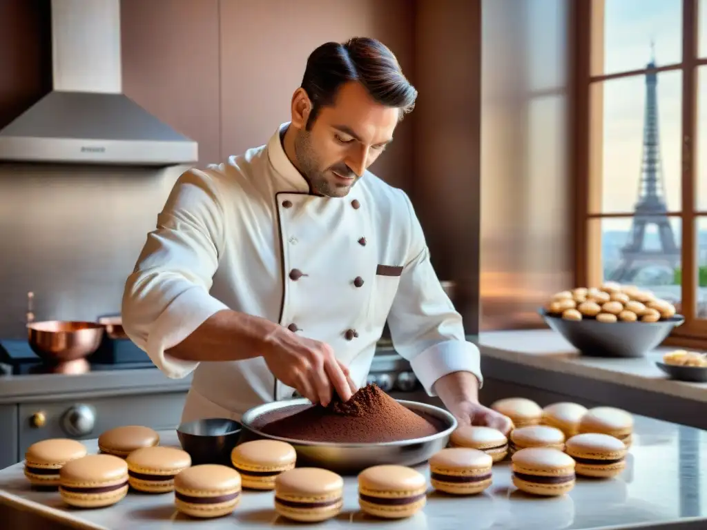 Un chef francés elabora un soufflé de chocolate en una cocina parisina, transmitiendo innovación culinaria francesa en vivo