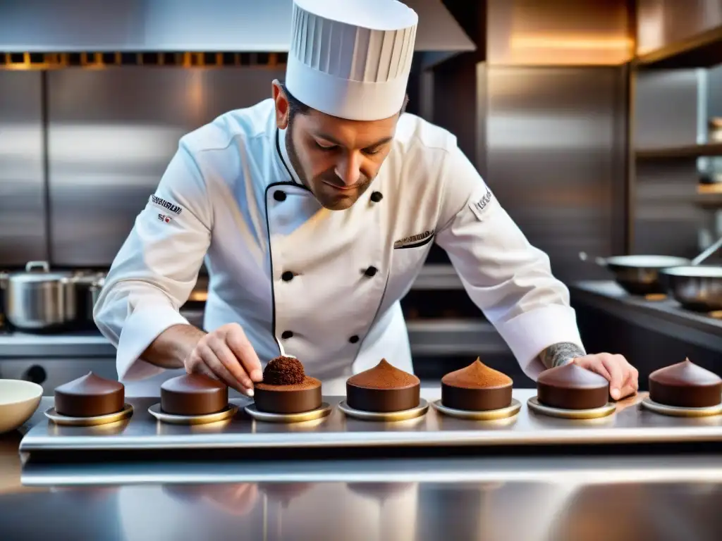 Un chef francés crea un soufflé de chocolate en un elegante restaurante con menú de alta gastronomía francesa