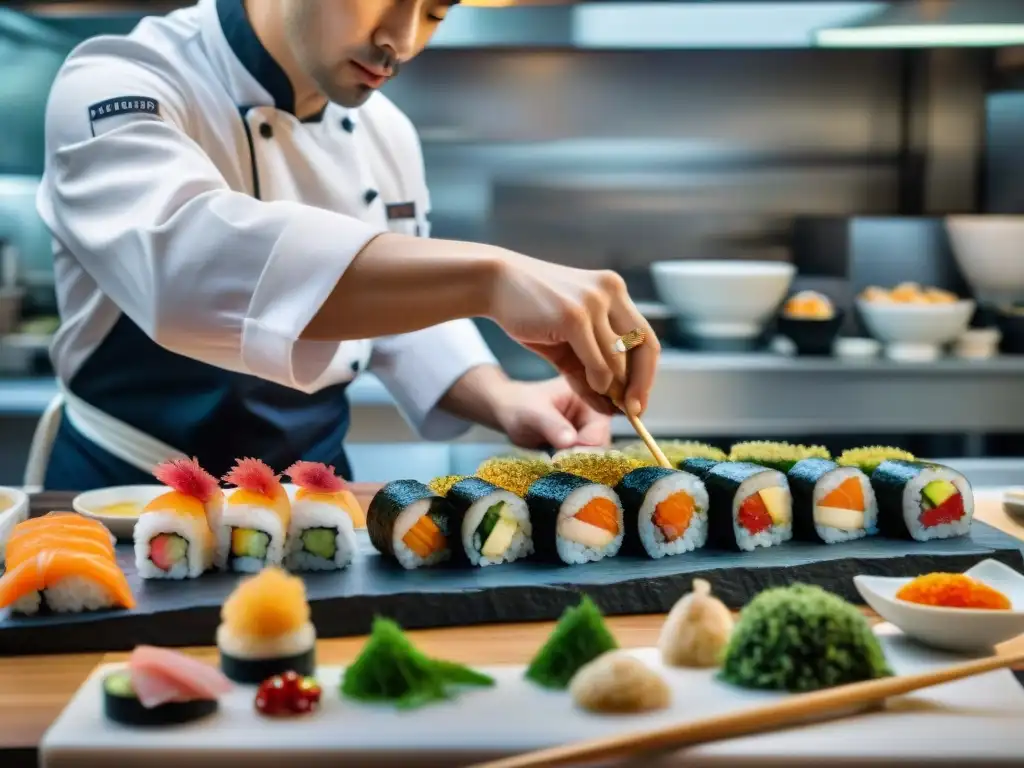 Un chef hábil prepara sushi con toque francés en una cocina bulliciosa en París