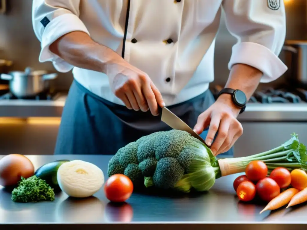 Un chef francés talla con precisión y destreza en vegetal